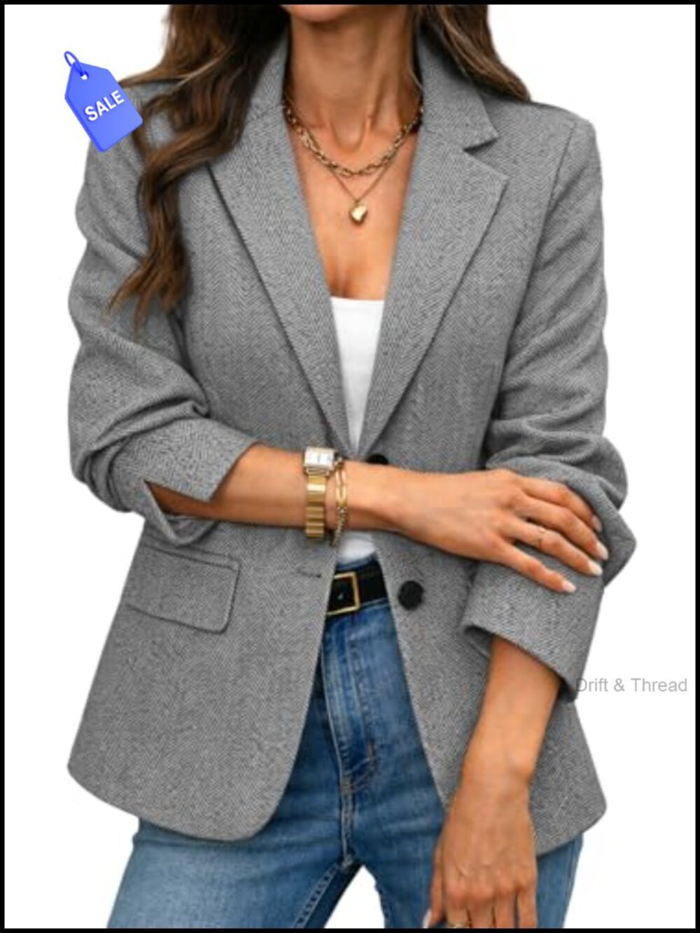 ELLEVEN Women's Herringbone Tweed Blazer Slim Fit Business Casual Jacket